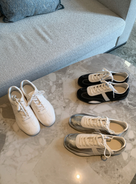 经典复古圆头拼色德训鞋女2026春季百搭平底真皮休闲运动阿甘板鞋