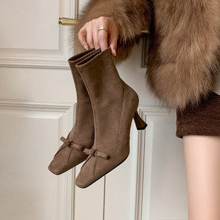 Uuuus【归国千金】法式蝴蝶结方头细高跟短筒绒里弹力瘦瘦时装靴