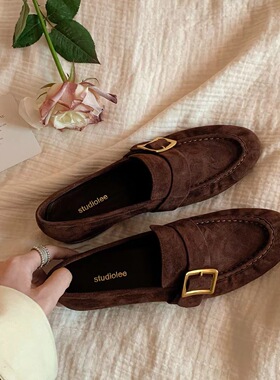 Uuuus【伦敦高校】英伦复古百搭方扣粗跟一脚蹬真皮乐福鞋小皮鞋