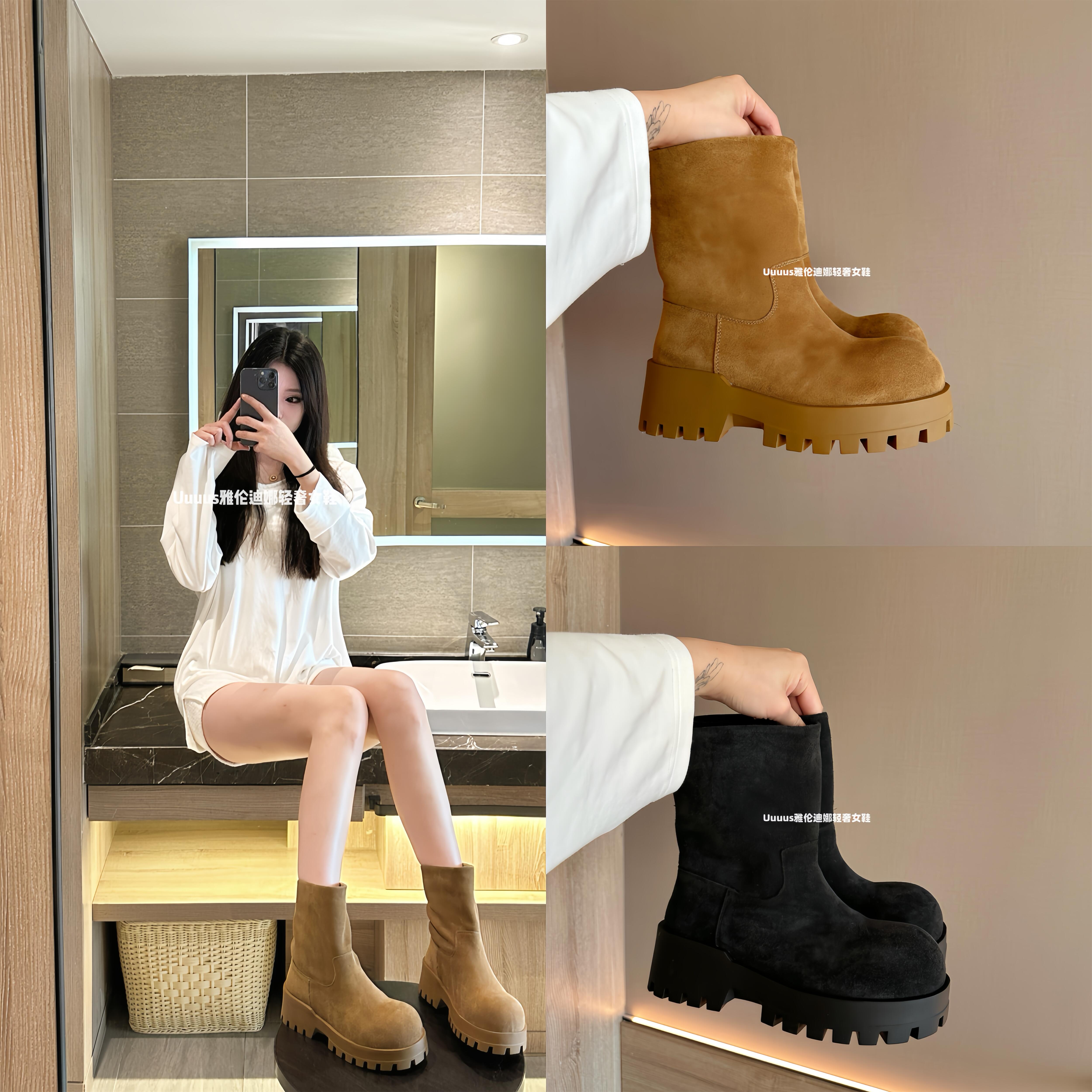 大头厚底加绒中筒靴烟筒雪地靴