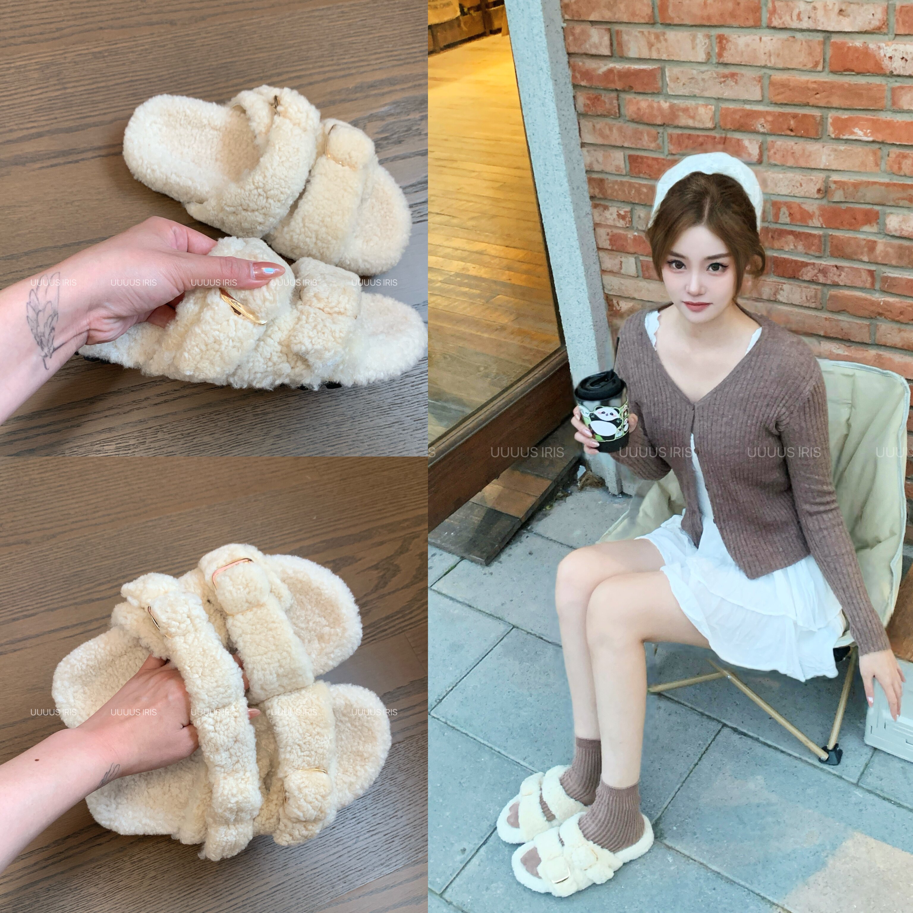 Uuuus【奶香甜妹】韩版奶白色羊羔毛皮带扣泰迪熊保暖毛毛拖鞋女