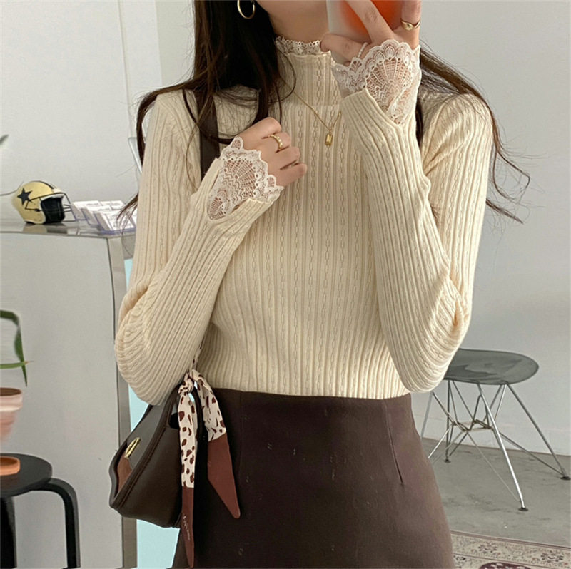 半高领蕾丝花边针织衫女秋冬百搭毛针织衫