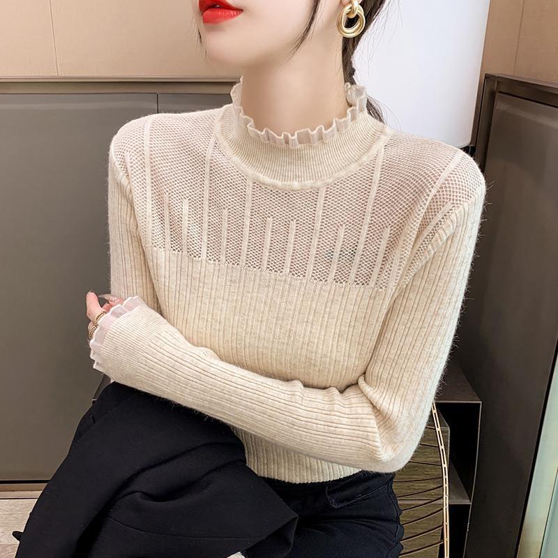 半高领蕾丝边打底衫时尚洋气毛衣修身秋季新款2026针织衫女装上衣