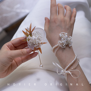 花亦原创设计韩式婚礼新郎胸花结婚新娘手环手链伴娘手花手腕花