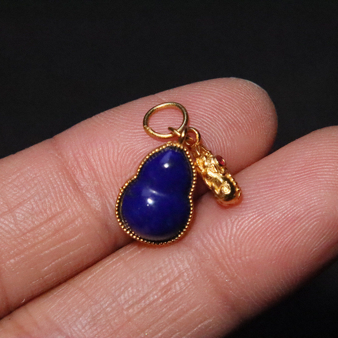 天然青金石镶嵌s925纯银镀金葫芦貔貅侧挂提溜项链吊坠文玩配饰