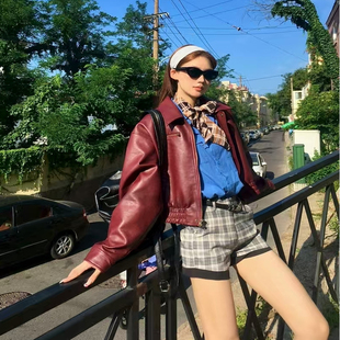 皮衣外套女2025春秋季 安可拉红色上衣机车服pu夹克宽松小个子