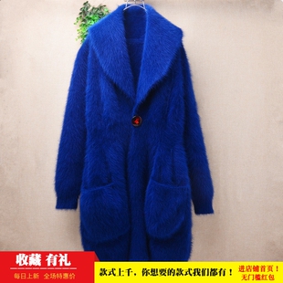 冬季加厚中长款深蓝色娃娃领兜兜袋ins长毛貂绒宽松外套毛衣女473