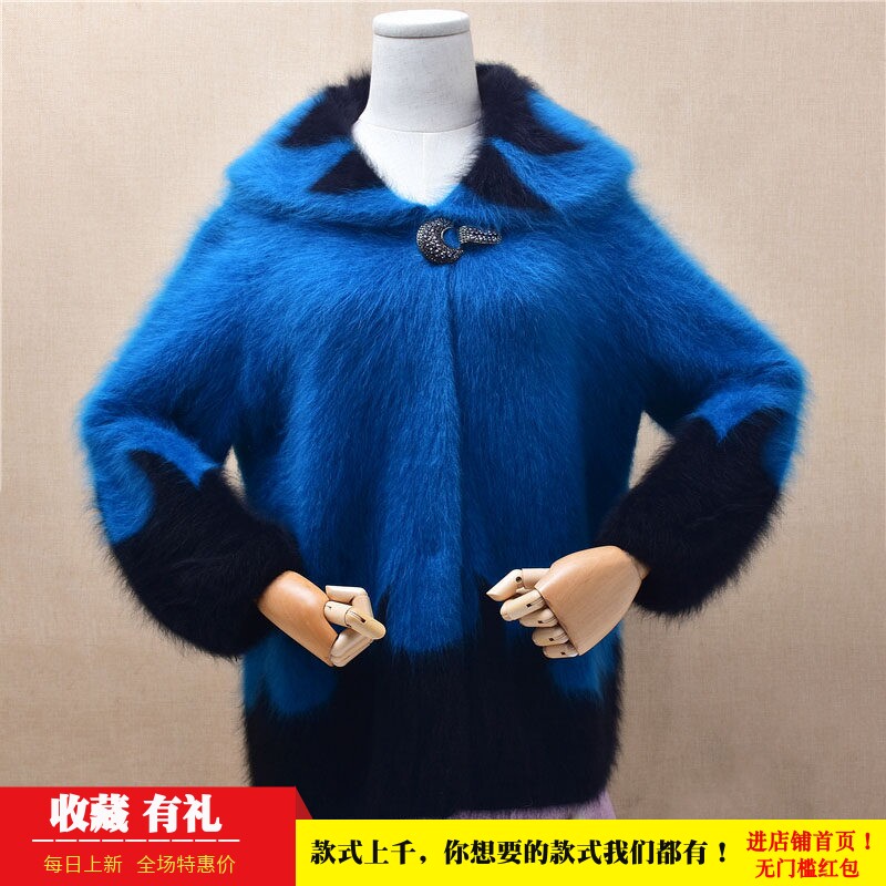 秋冬时尚减龄蓝色娃娃领镶钻搭扣ins长毛貂绒宽松泡泡袖外套女272