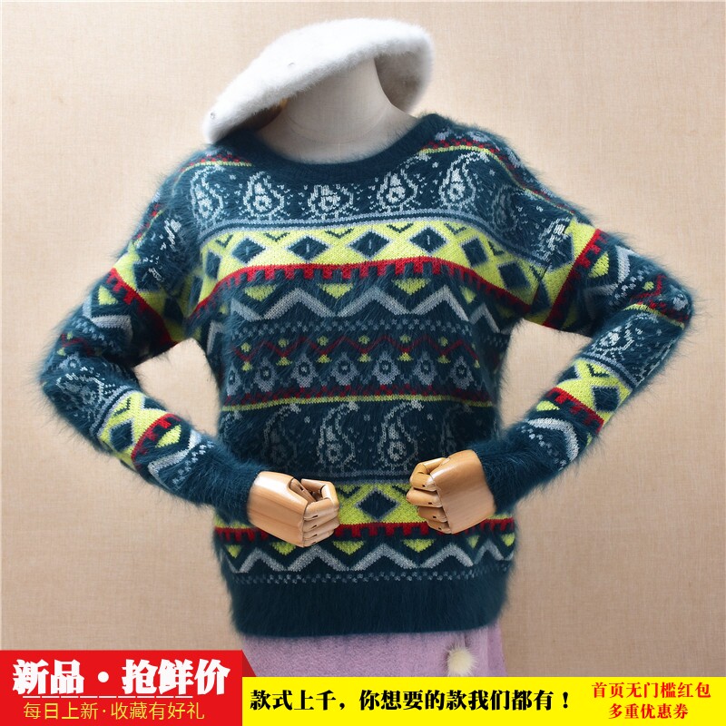 巴洛克图腾印花秋冬款时尚ins长毛貂绒绿色圆领宽松显瘦套头女242