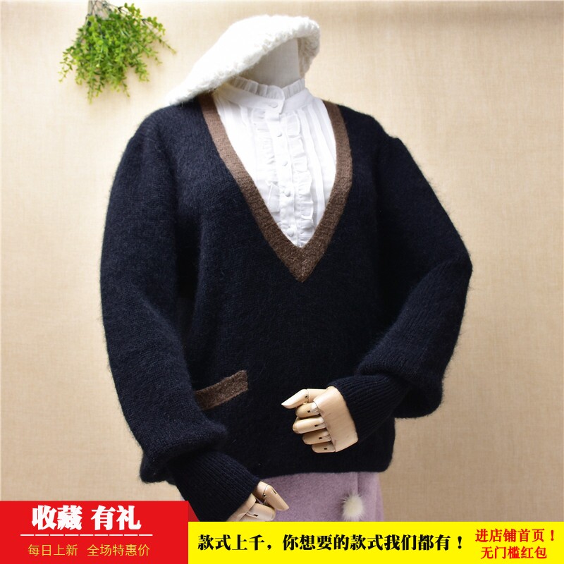 黑色深v领韩版宽松风时尚毛衣