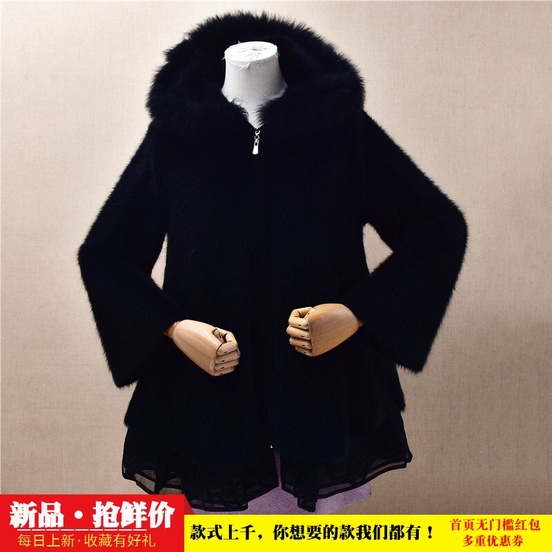 冬季加厚中长款黑色毛领蕾丝连帽衫ins长毛貂绒宽松显瘦外套女276