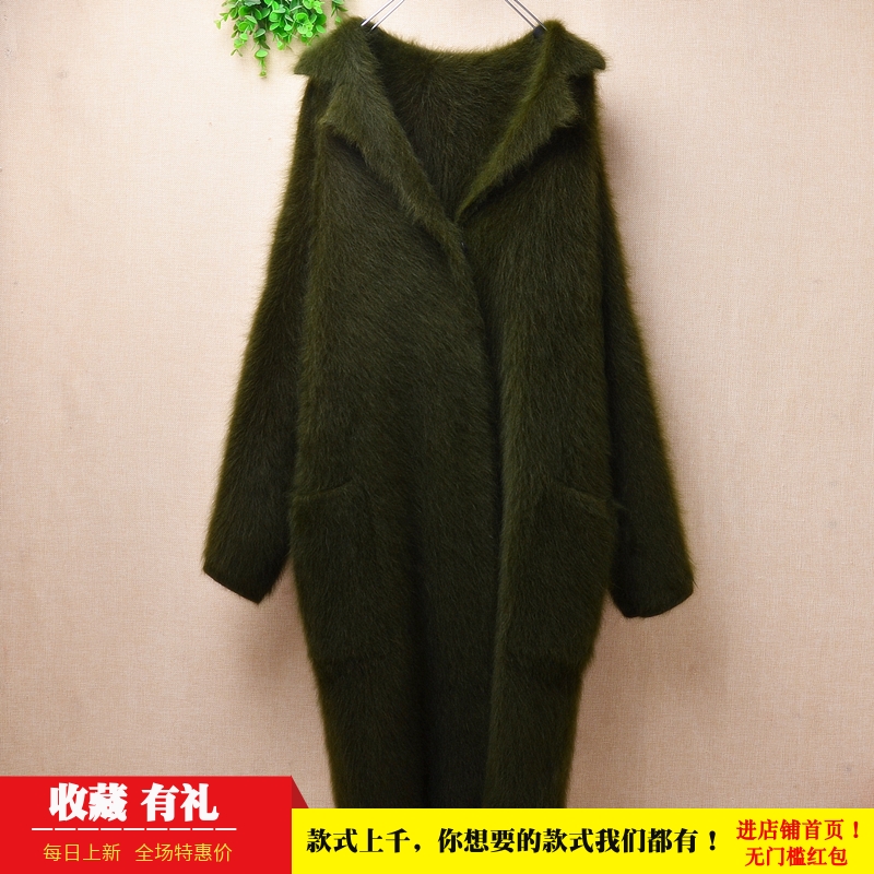 冬季加厚中长款ins长毛貂绒军绿色西装领韩版宽松慵懒风外套毛衣