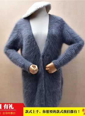 冬季中长款加厚ins长毛貂绒深灰色粗砂条纹v领宽松慵懒外套毛衣93