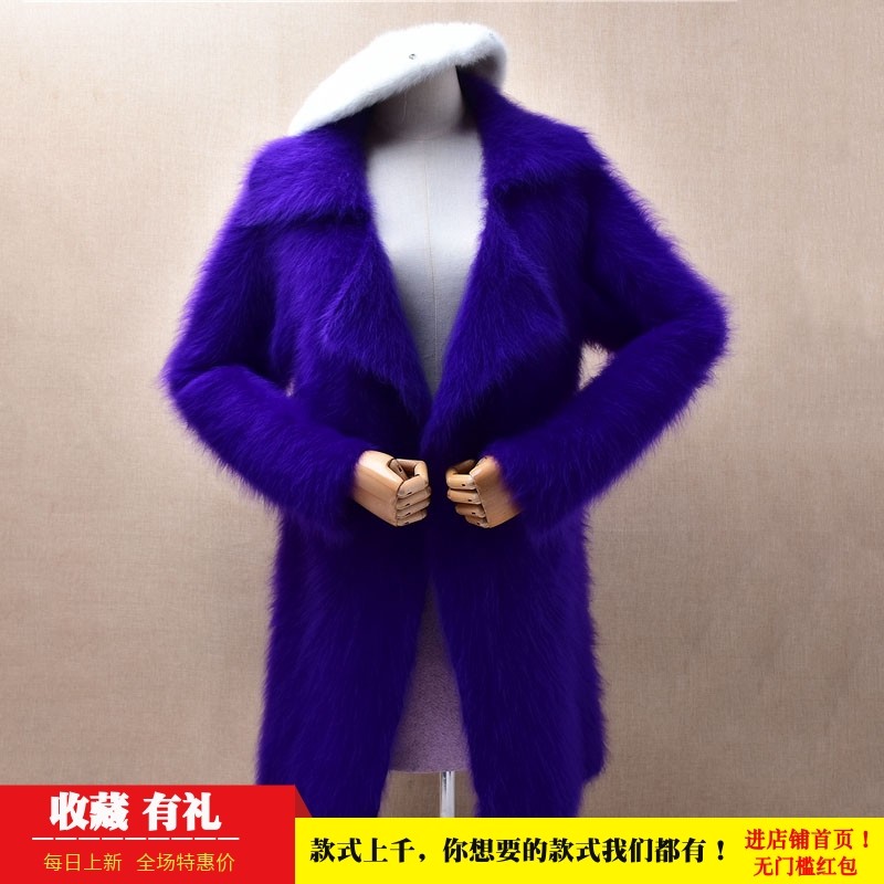 冬季加厚中长款ins长毛貂绒墨水蓝西装领韩版宽松显瘦外套毛衣559