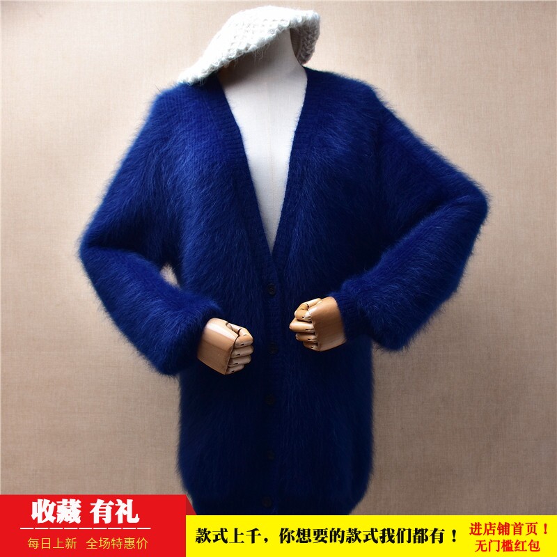 冬季加厚中长款ins长毛貂绒深蓝色粗砂条纹宽松灯笼袖外套毛衣W10