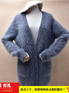 冬季加厚中长款ins长毛貂绒灰色粗砂条纹v领韩版宽松慵懒外套355
