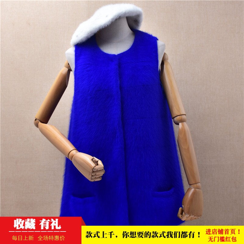 爱客时尚加厚春秋中长款蓝色马甲ins长毛貂绒无袖口袋外套女584