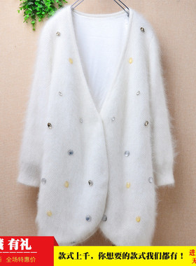 中长款秋冬ins长毛貂绒白色v领镶钻开衩款披风修身显瘦外套女82