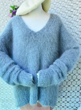 2026春秋时尚减龄中长款chic灰色v领长毛马海毛宽松套头毛衣女622