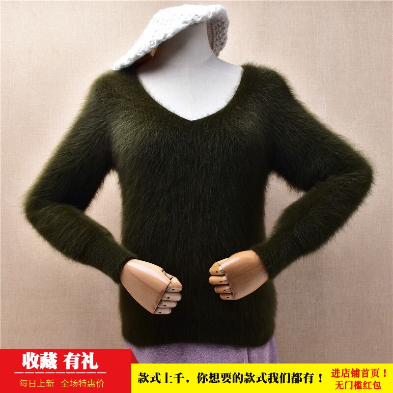 粗砂条纹秋冬款ins长毛貂绒军绿色v领修身显瘦小码套头毛衣女245