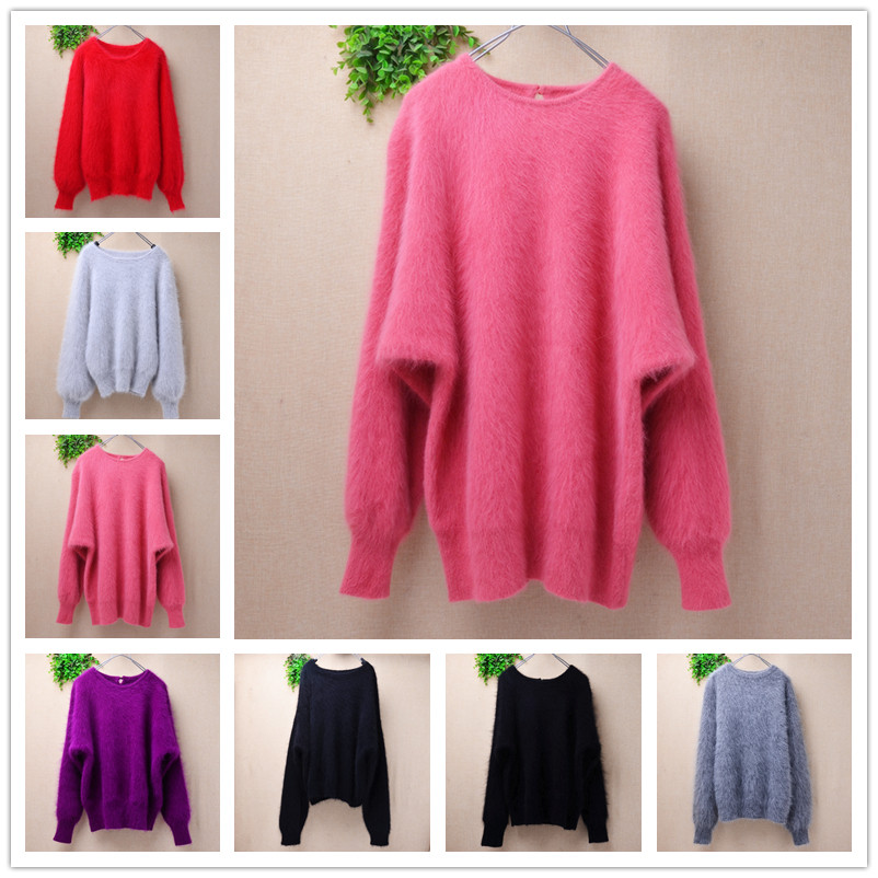 爱客时尚秋冬款糖果色圆领ins长毛貂绒韩版宽松灯笼袖慵懒套头女