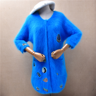 宽松外套1185 ins长毛貂绒韩版 超气质秋冬中长款 湖蓝色刺绣七分袖