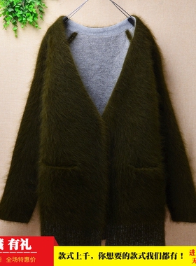 冬季加厚ins长毛貂绒中长款军绿色v领兜兜袋韩版宽松加厚外套毛衣