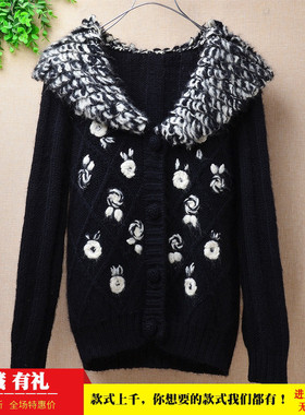 超气质ins网红新品秋冬款黑色卷卷毛翻领绣花款修身马海毛外套女