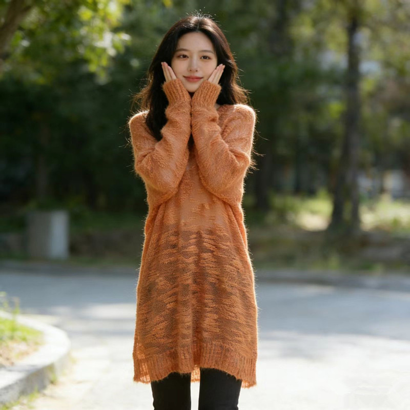 春秋薄款马海毛衣女中长款 宽松慵懒风针织衫 温柔风镂空显瘦上衣