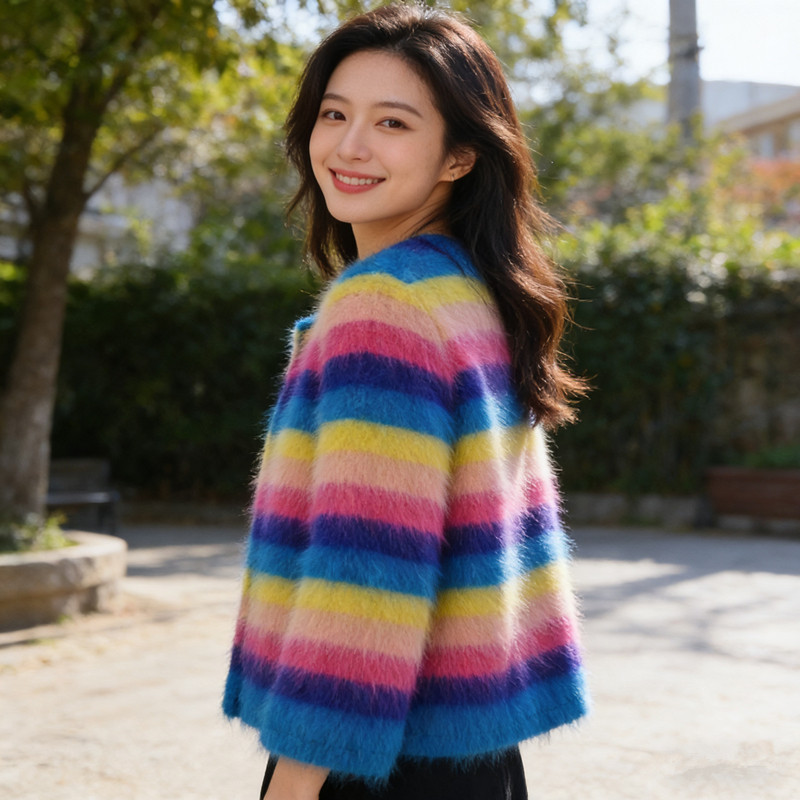 长毛貂绒彩虹条纹开衫女 2026早春短款韩系慵懒风宽松软糯外套553