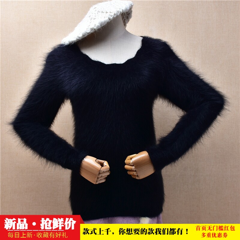 爱客秋冬款优雅风ins长毛貂绒黑色花边圆领修身显瘦套头毛衣女514