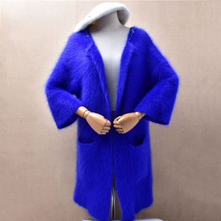 2025新款中长款蓝色珠花款披风喇叭袖ins长毛貂绒兜兜袋外套毛衣