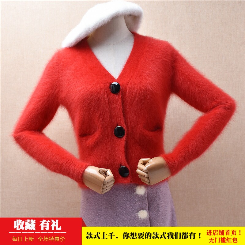 超短款秋冬气质减龄红色V领兜兜袋ins长毛貂绒修身显瘦外套女1042