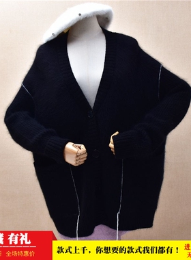 冬季加厚时尚中长款黑色v领优雅ins长毛貂绒宽松蝙蝠袖外套女1142