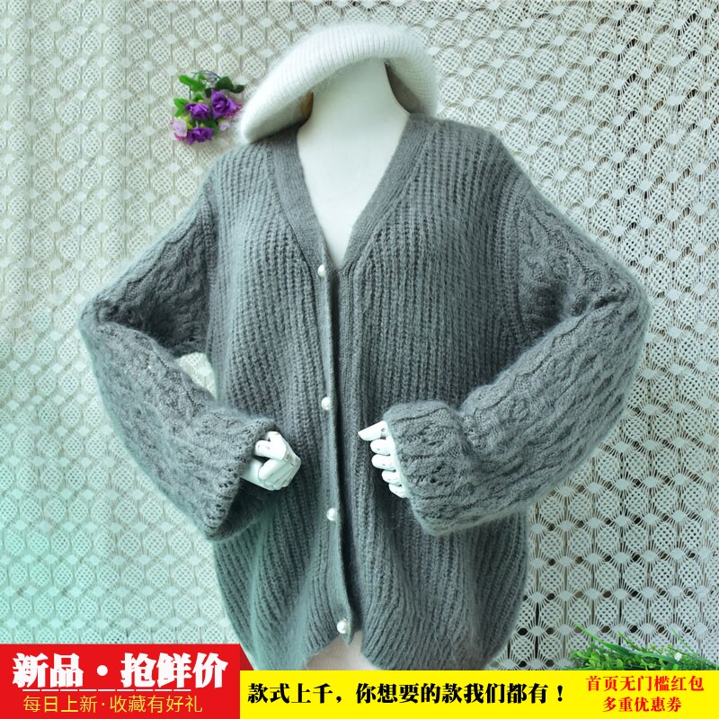秋冬软糯厚实针织开衫女灰色V领粗坑条宽松慵懒中长款毛衣外套169