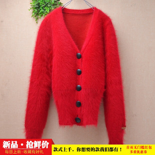 超气质秋冬款时尚减龄红色V领小个子ins长毛貂绒修身外套毛衣230