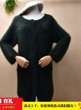爱客中长款秋冬ins长毛貂绒军绿色圆领修身显瘦开衫外套毛衣P257
