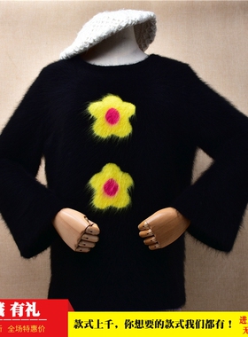 韩版秋冬ins长毛貂绒黑色圆领印花款宽松喇叭袖加厚套头毛衣女120