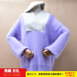 冬季加厚宽松慵懒风ins长毛貂绒紫罗兰拼织大v领灯笼袖套头毛衣80