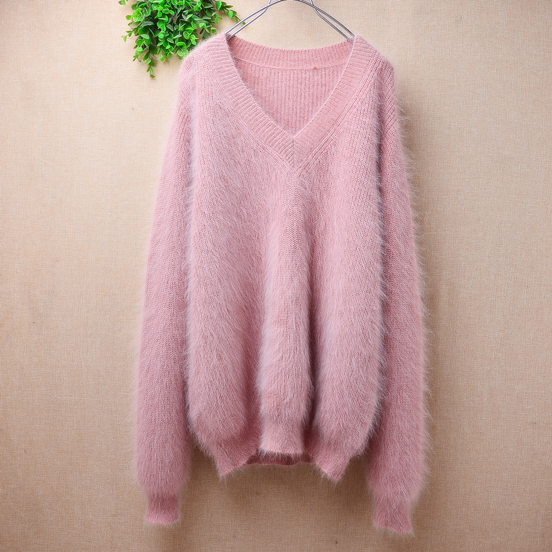 爱客秋冬气质甜美风粉色条纹v领ins长毛貂绒韩版宽松慵懒套头女96