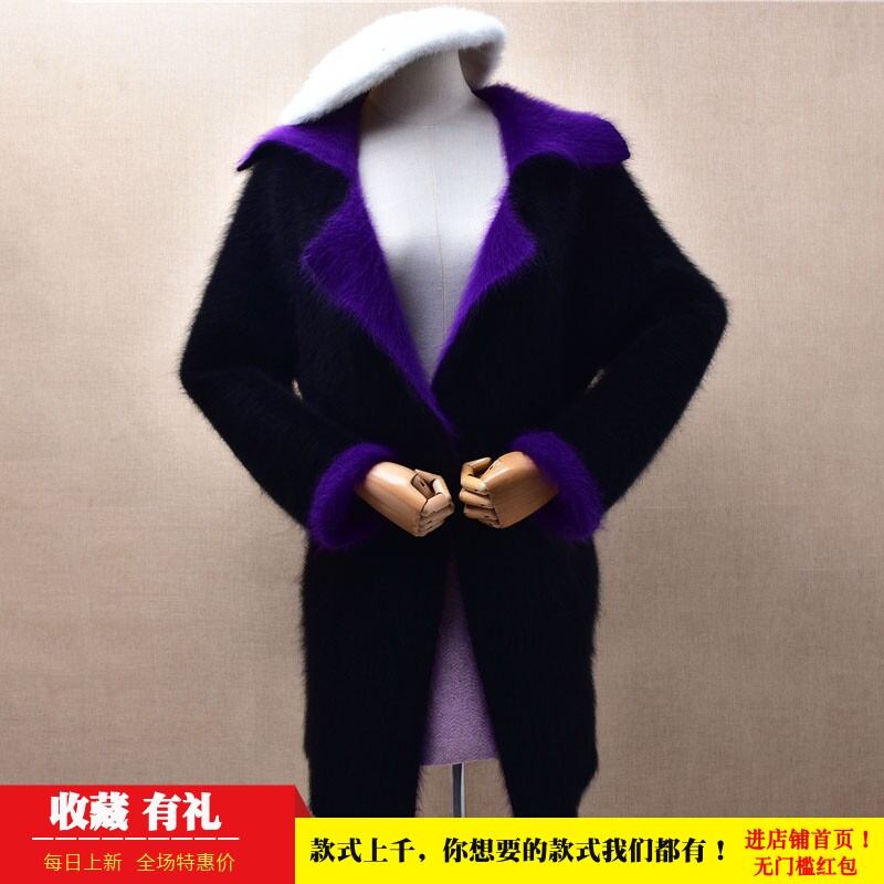 冬季中长款时尚气质ins长毛貂绒拼色西装领修身显瘦外套毛衣592