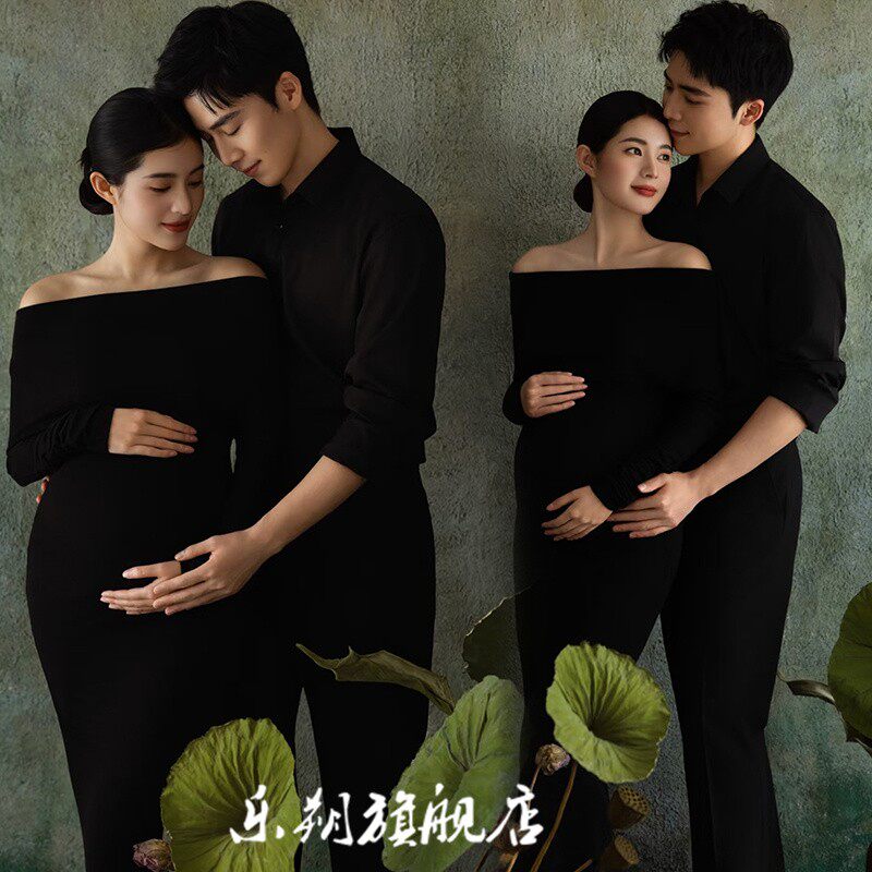 情侣孕妇照服装法式新款一字肩黑色连衣裙气质孕妈咪大肚照写真服