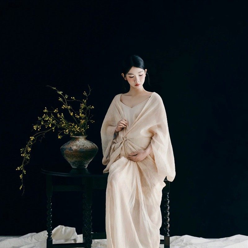 影楼新款孕妇拍照服装新中式国风禅意v领连衣裙古风设计感摄影服