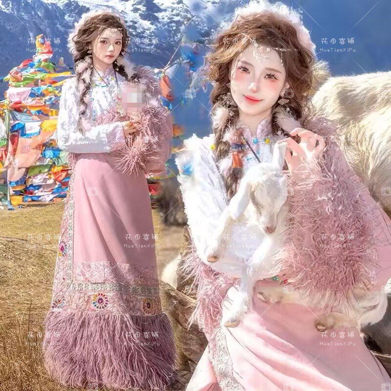 藏族服装女粉色春秋季藏袍长款云南大理西藏旅拍摄影拍照写真衣服