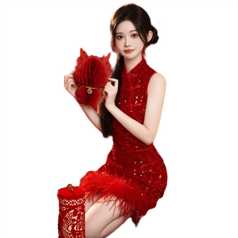 新年主题国潮复古写真服装中国风亮片旗袍艺术照拍照摄影服饰