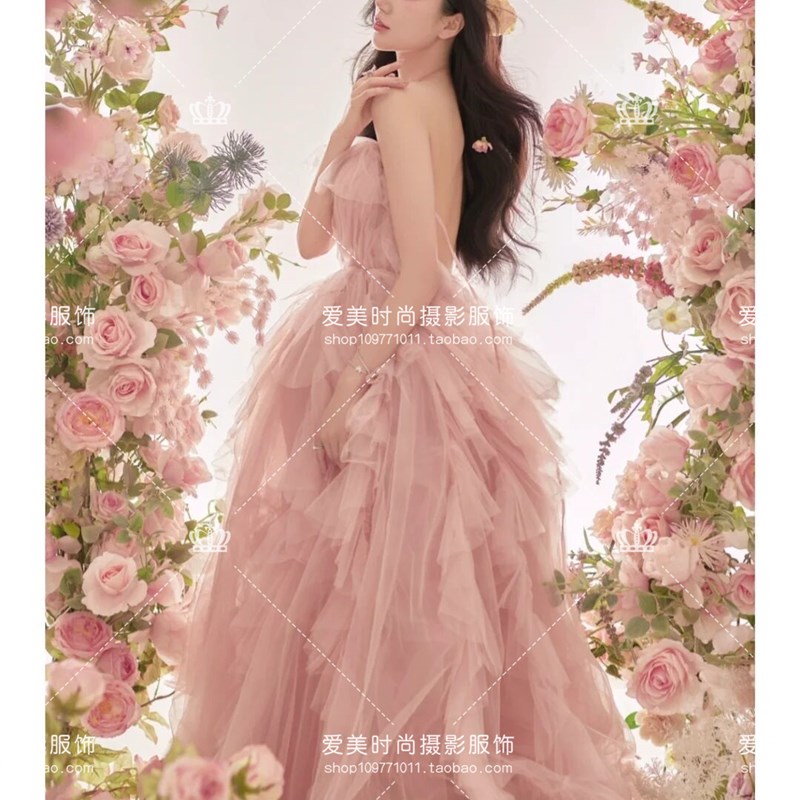 22影楼新款孕妇摄影拍照主题服装孕妈大肚拍照唯美超仙粉婚纱礼服