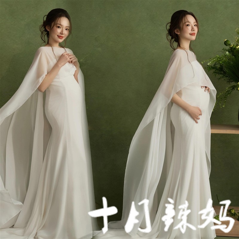 孕妇照服装新款影楼法式轻婚纱高级白色礼服孕妈大肚艺术照摄影服