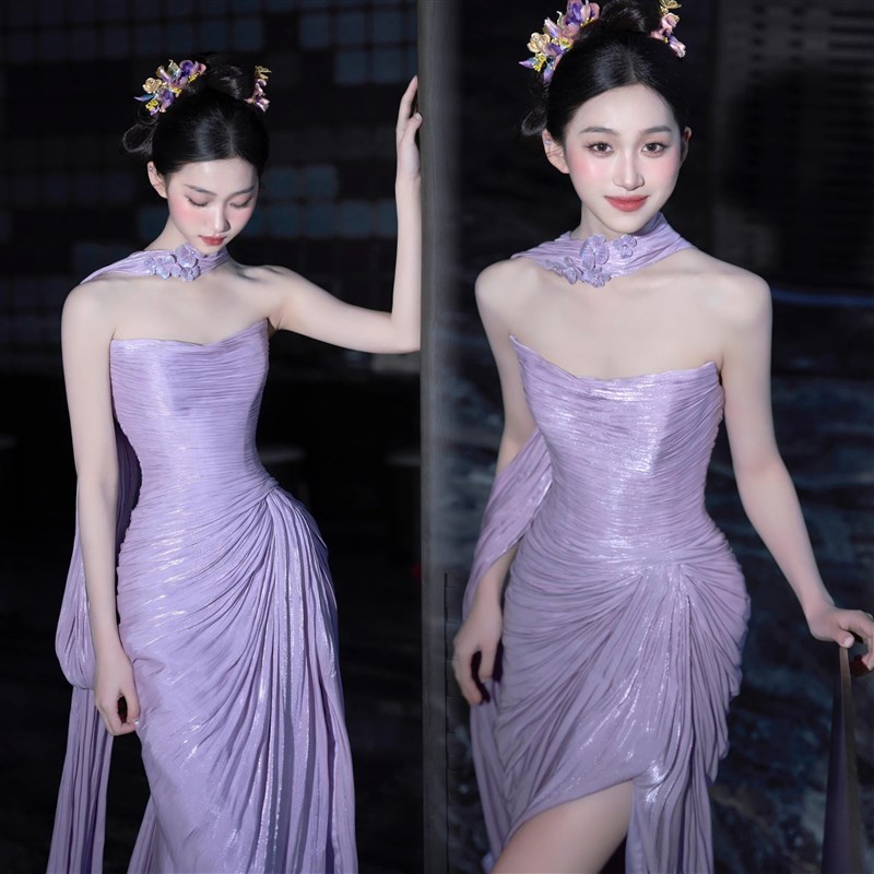 紫色新中式抹胸晚礼服高级轻奢新娘生日订婚晨袍主持人宴会洋装