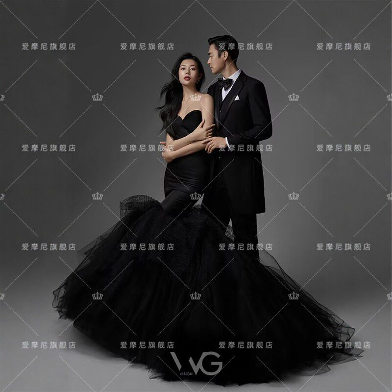 黑色蓬蓬裙收腰鱼尾抹胸内景情侣拍照摄影长礼服影楼主题婚纱服装