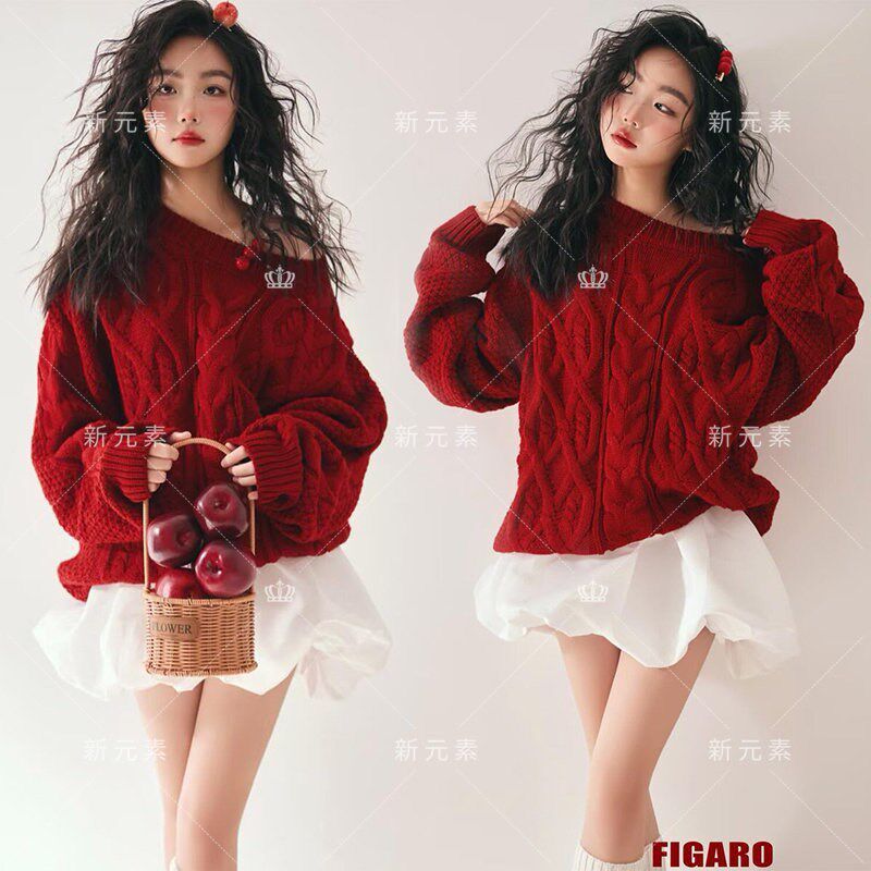 秋冬影楼新款新年摄影服装红色毛衣甜美少女艺术照氛围感写真服饰